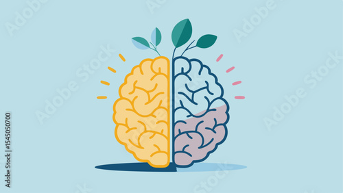 Illustrated brain with two halves one yellow and one blue with leaves growing from the top side view