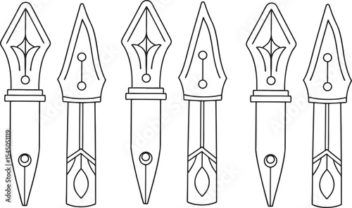 Fountain Pen Nib Vector Set in Clean Black Line Drawing for Writing Education or Design Tool Projects