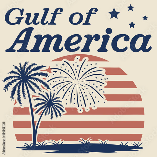 Gulf of America Patriotic Beach Sunset with Fireworks and Palm Trees