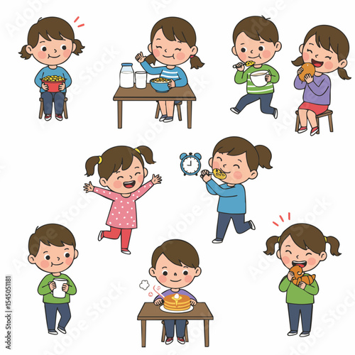 Happy Kids Mealtime: Collection of happy children enjoying various meals, showcasing healthy eating habits and joyful moments.