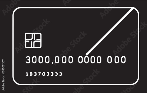 A white outline vector illustration of a credit card or debit card on a black background, displaying a chip and partial number, symbolizing finance or transactions.