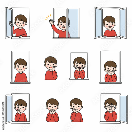 Young boy in various window scenarios, each portraying different emotion: A collage of emotions, a collection of a young boy within the window.