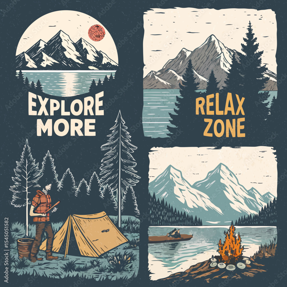 mountain tee prints. campfaire outdoors vintage artwork. Outdoors graphics for adventure. explore more relax zone slogan. vintage grunge effets mountain lake pain ..