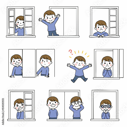 Windows of Emotion: A set of illustrations shows a cartoon boy experiencing a range of emotions, each framed within a window.