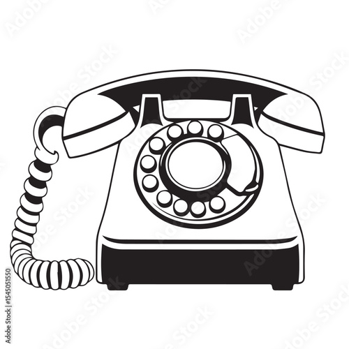 A vintage rotary dial telephone with a coiled cord and receiver is depicted in a black and white vector outline on a white background.