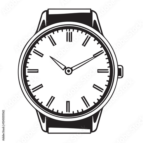 A classic black and white vector illustration of a wristwatch, featuring a round face, hour markers, and hands, symbolizing time or punctuality.