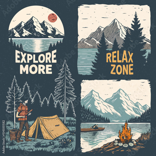 mountain tee prints. campfaire outdoors vintage artwork. Outdoors graphics for adventure. explore more relax zone slogan. vintage grunge effets mountain lake pain ..