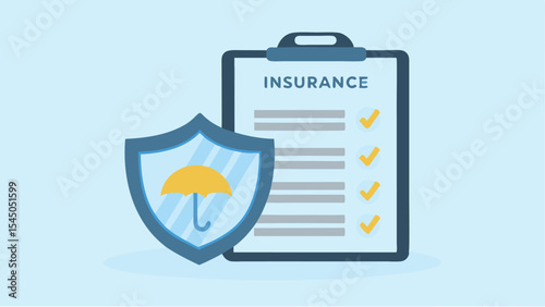 Illustration depicting an insurance document with checkmarks and a shield with an umbrella icon on it
