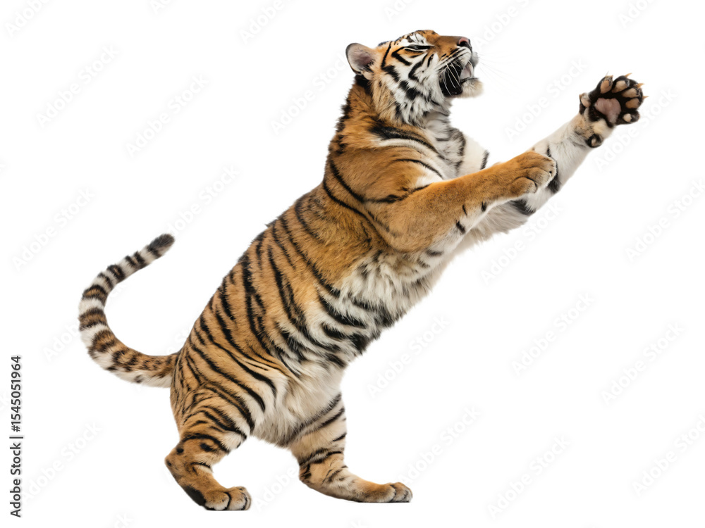 Obraz premium A powerful tiger leaps dynamically, isolated on transparent background