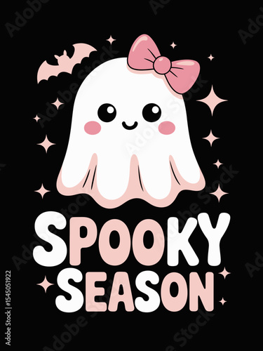 A cute ghost with rosy cheeks and a pink bow adds an adorable twist to the Halloween theme, surrounded by stars and a bat. Spooky Season