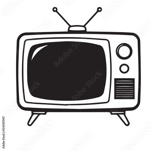 A black and white vector illustration of a retro television with rabbit ear antennas, knobs, and a speaker grill on a white background.