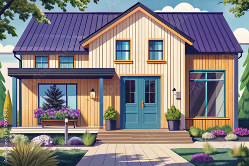 Scandinavian style home facade featuring clean timber panels vector ideal for minimalist architecture, sustainable living, and Nordic design projects