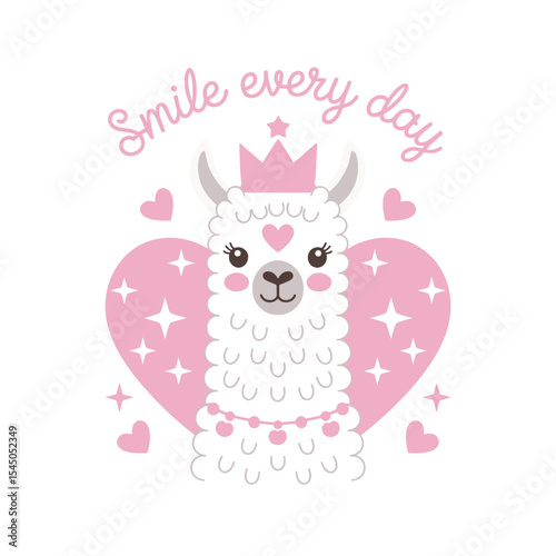 Smile Every Day, pink llama with hearts and a positive, cute and cheerful design, t shirt design