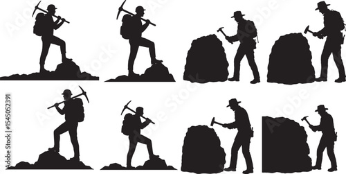 silhouette of geologist with rock hammer vector art illustration