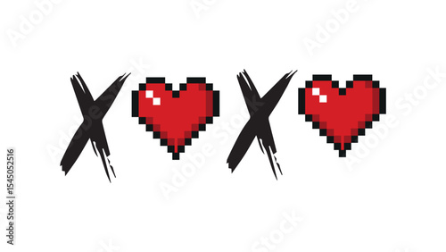 Pixel red heart XOXO hand written phrase on white background, collection of hand drawn grunge charcoal Xo Xo, love concept, Valentine's Day celebration card, Hugs and kisses abbreviation drawn in ink