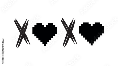 Hugs and kisses abbreviation drawn in ink, cross and zero, black pixel XO XO Doodle, set of hand drawn charcoal XO XO, phrases for Valentine's Day, love concept, Valentine's Day celebration card