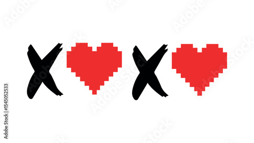 XO XO inscription in the form of pixel red hearts for Valentine's Day, love concept, Hugs and kisses abbreviation drawn in ink, Xoxo red and black lover sticker, Valentine's Day celebration card