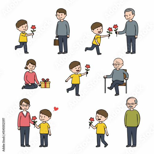 Generations Sharing Love: A charming illustration showcasing various family members exchanging gifts and flowers, symbolizing love, appreciation, and connection across generations.