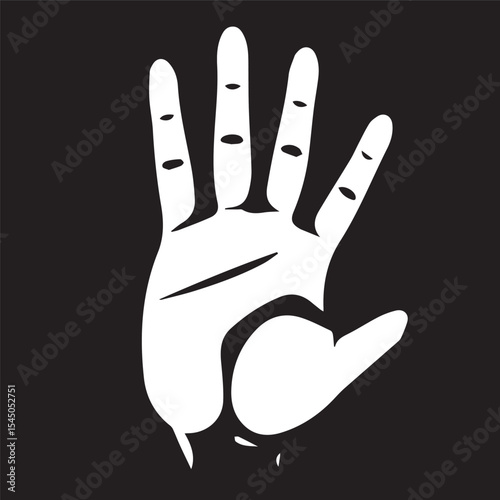 A bold, high-contrast vector illustration of an open human hand, fingers spread, palm facing forward, rendered in white against a black background.