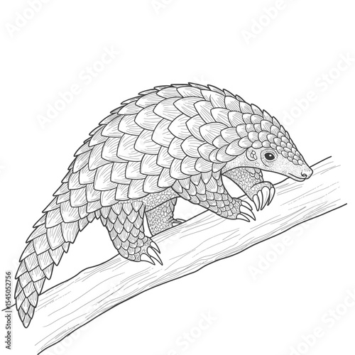 Chinese Pangolin-Manis pentadactyla. Curious pangolin walks slowly across white background with scales. Wildlife sketch concept