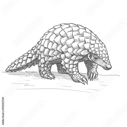 Chinese Pangolin-Manis pentadactyla. Curious pangolin walks slowly across white background with scales. Wildlife sketch concept