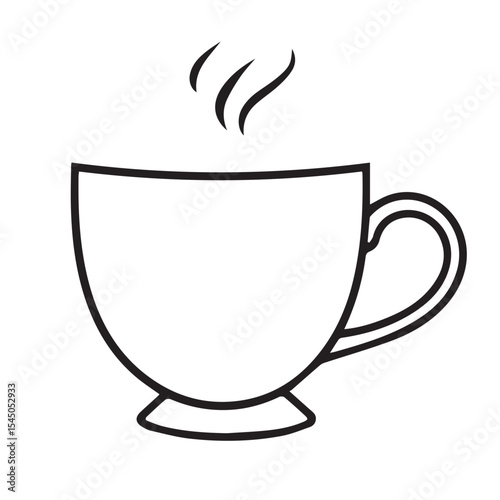 A minimalist black outline icon of a steaming teacup or coffee mug is centered on a white background, suggesting warmth and comfort.