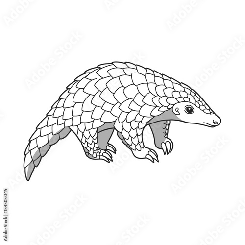 Chinese Pangolin-Manis pentadactyla. Curious pangolin walks slowly across white background with scales. Wildlife sketch concept