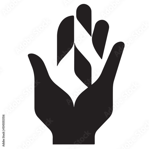 A stylized black silhouette of a hand gently holding abstract, leaf-like shapes within its palm, set against a white background.