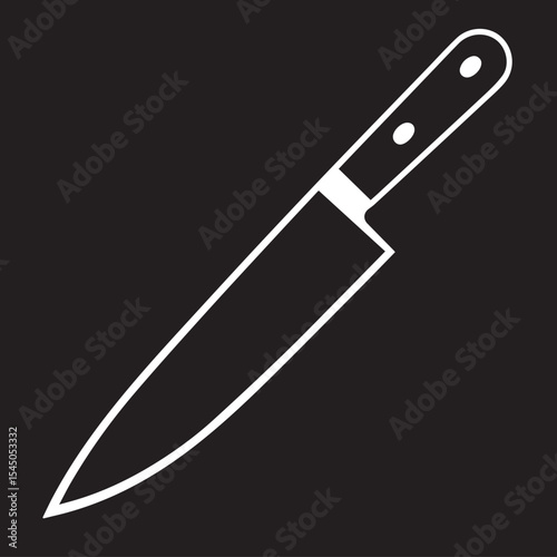 A white outline vector drawing of a chef's knife with a sharp blade and riveted handle is set against a solid black background.