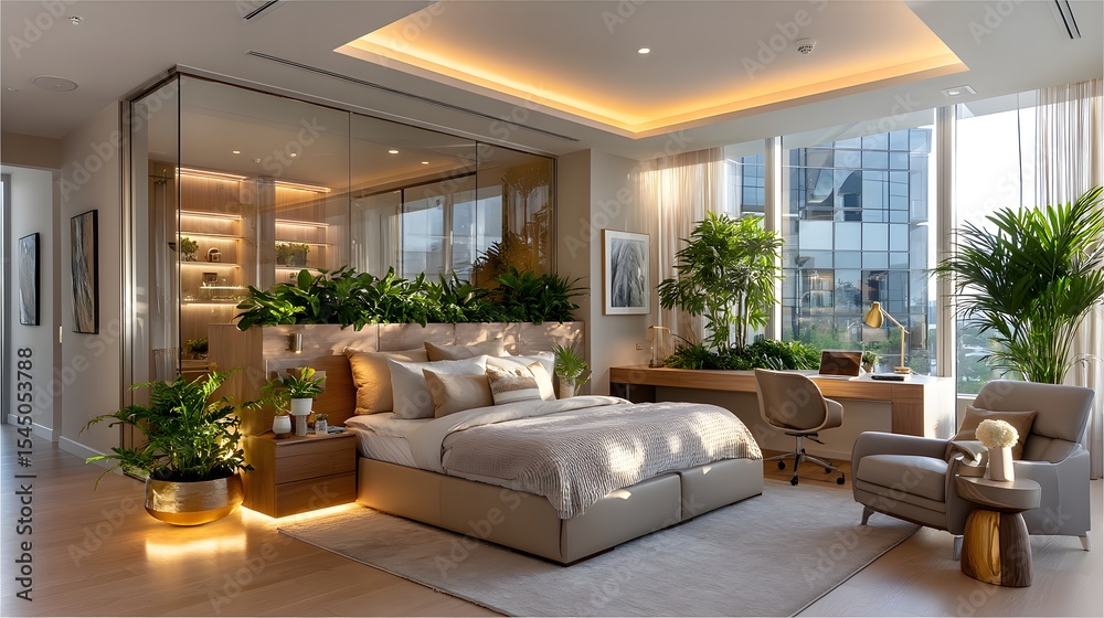 Fototapeta premium Modern bedroom filled with indoor plants high resolution picture