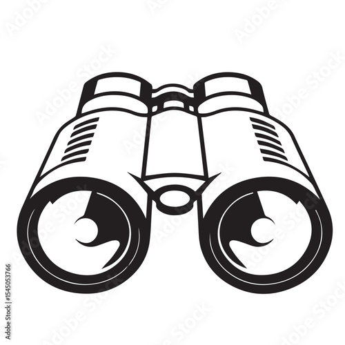 A black and white vector outline of a pair of binoculars, with detailed lenses and textured grips, representing observation, exploration, or distant views.