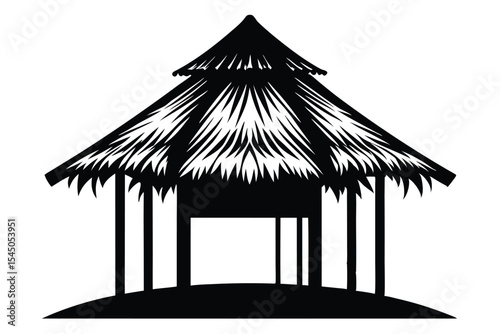 Silhouette of a ThatchedRoof Hut Structure with Open Sides and Column Support