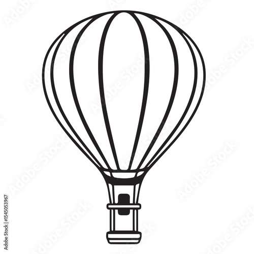 A simple black outline vector illustration of a hot air balloon with a striped canopy and a basket is shown on a white background.