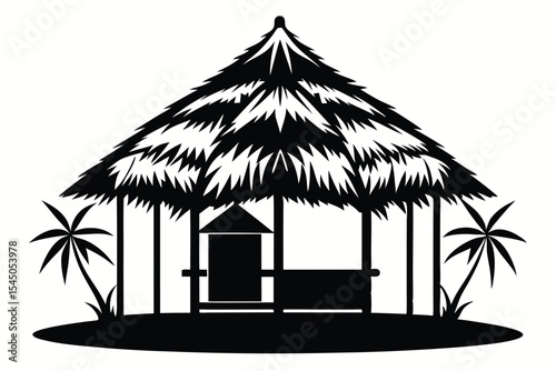 Silhouette of Thatched Beach Hut with Palm Trees and Seating Area Illustration