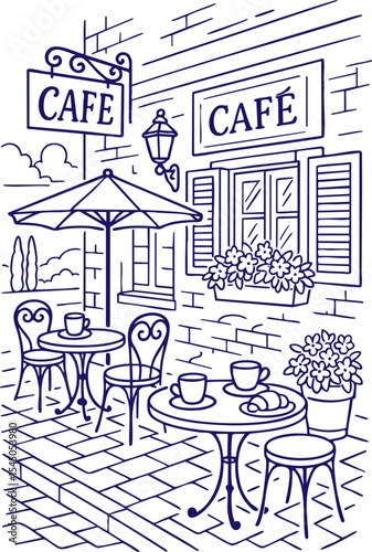 Outdoor European café with tables and umbrella in line art style