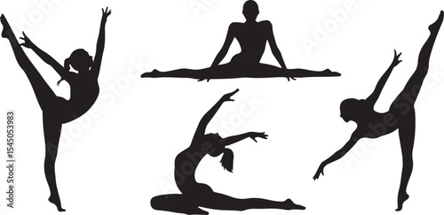 Four female gymnasts in silhouette poses