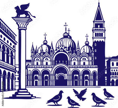 St. Mark's Basilica with pigeons in Venice skyline line art style