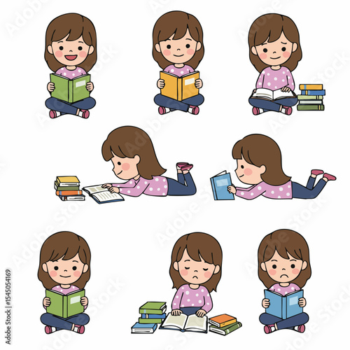 Young Girl Reading Collection: Captivating collection showcasing a young girl in various poses immersed in reading, offering a delightful glimpse into her literary world. 