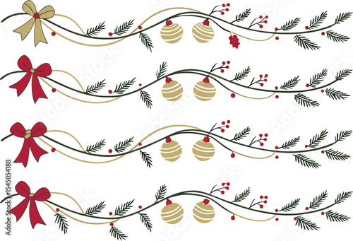 Glowing Christmas lights collection with festive decorations and ornaments. Bright Christmas lights set perfect for seasonal banners and greeting cards. Colorful Christmas lights illustrations