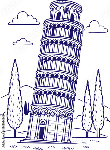 Leaning Tower of Pisa with trees and clouds in line art style