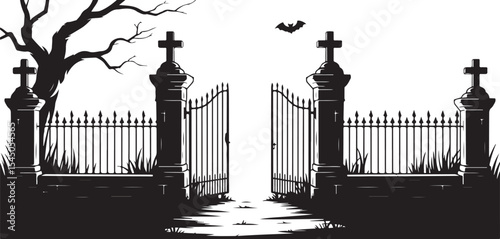 Open cemetery gates with crosses and a dead tree