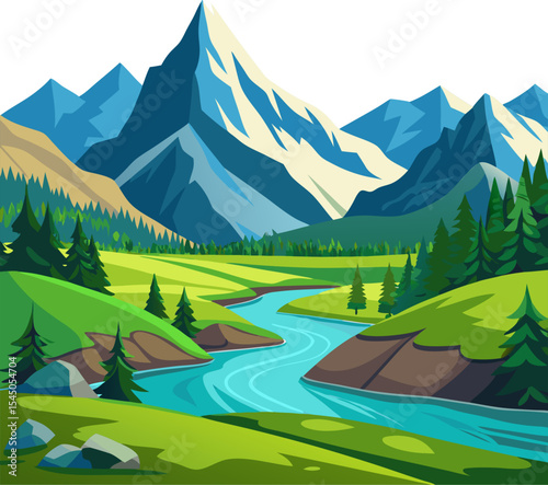 Alpine meadows and beautiful mountains, forests and river, vector illustration. Landscape of green fields, amazing mountains on a clear day with gentle clouds in the blue sky.
