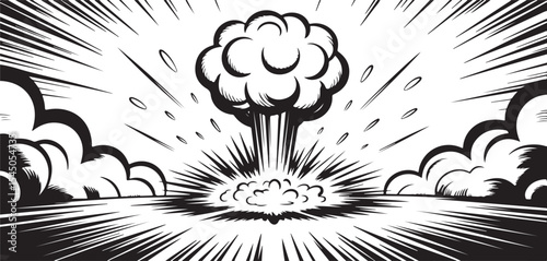Black and white comic book style explosion illustration