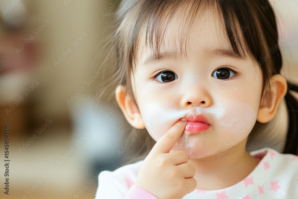 A curious toddler with a playful expression exploring her surroundings with a dab of cream on her lips. A curious toddler with a playful expression exploring her surroundings with a dab of cream on her lips.