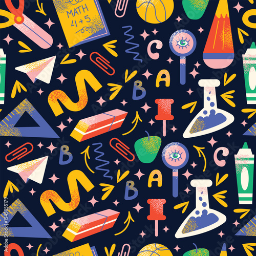 Seamless pattern back to school supplies tools scissors, pencil, eraser, paper plane, magnifying glass, math notebook, basketball, apple. Flat vector illustration. Education and learning concept
