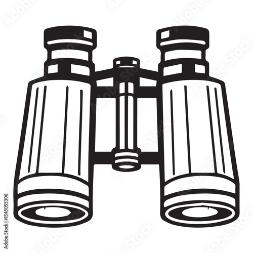 A bold black and white vector illustration of a pair of binoculars, viewed from the front, is centered on a white background.