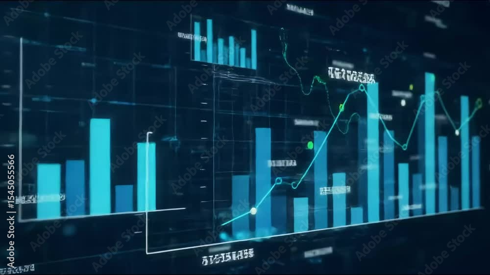 A detailed view of blue bar graphs and line graphs displayed on a digital dark blue screen
