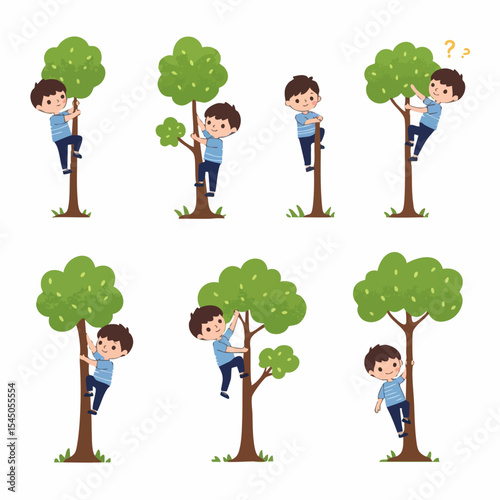 Young Climber: A young boy scaling a tree, his ascent marked by determination and a sense of adventure. This collection of illustrations captures his evolving journey.