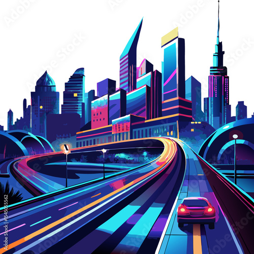 Generate a vibrant nighttime image of a glowing highway cutting through a futuristic city, showcasing speeding vehicles and city lights reflecting on wet asphalt.