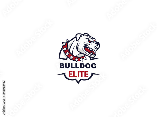 White Bulldog Elite Logo Vector Red Collar Spiked Dark Blue Text illustration